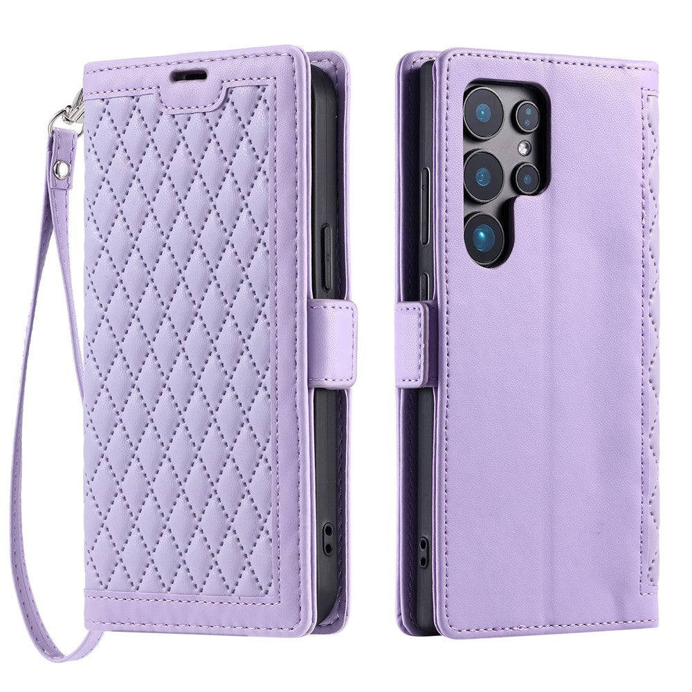 For Samsung Galaxy S26 Ultra Leather Case Rhombus Texture Wallet Stand Phone Cover with Wrist Strap