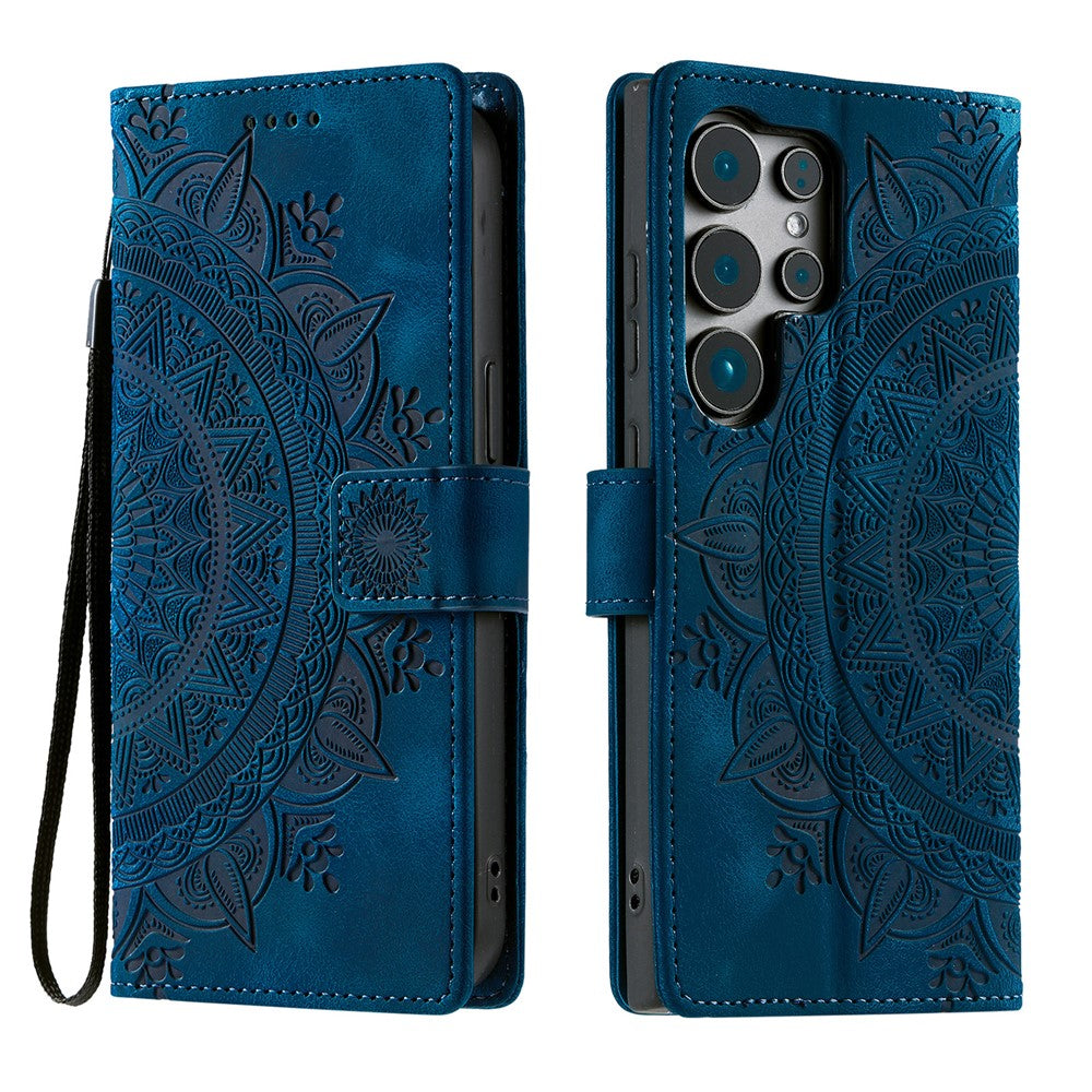 For Samsung Galaxy S26 Ultra Case Imprinted Totem Skin Feel Wallet Leather Phone Cover with Hand Strap