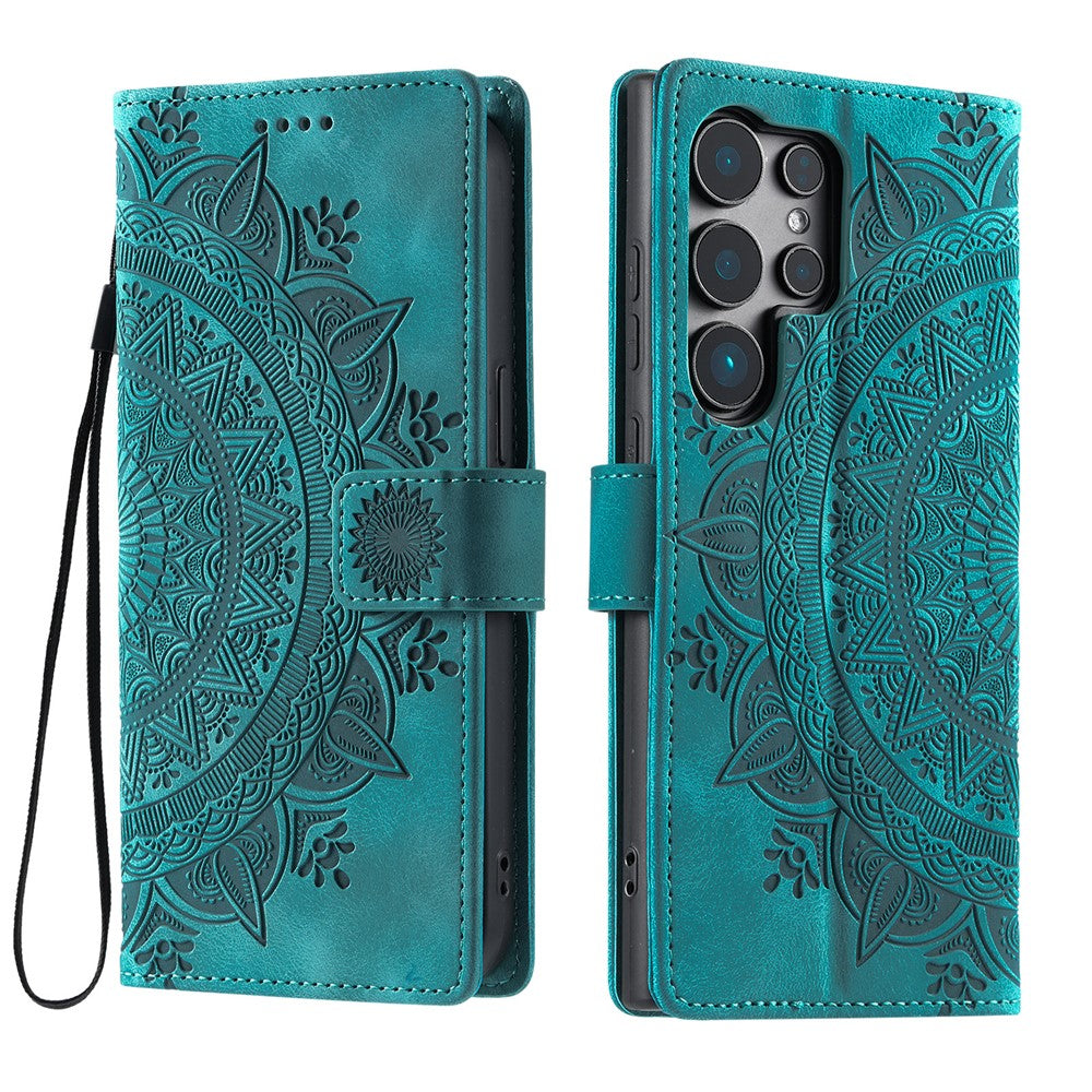 For Samsung Galaxy S26 Ultra Case Imprinted Totem Skin Feel Wallet Leather Phone Cover with Hand Strap