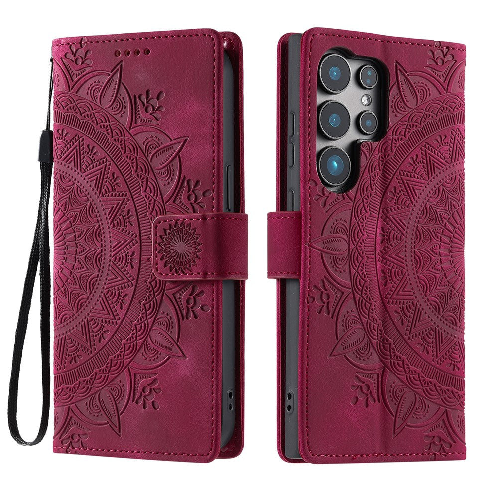 For Samsung Galaxy S26 Ultra Case Imprinted Totem Skin Feel Wallet Leather Phone Cover with Hand Strap