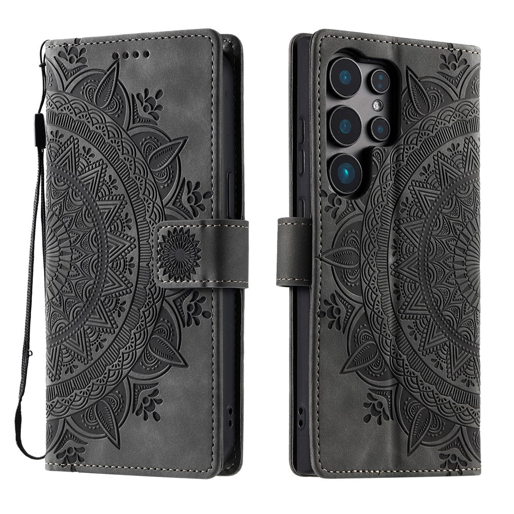 For Samsung Galaxy S26 Ultra Case Imprinted Totem Skin Feel Wallet Leather Phone Cover with Hand Strap