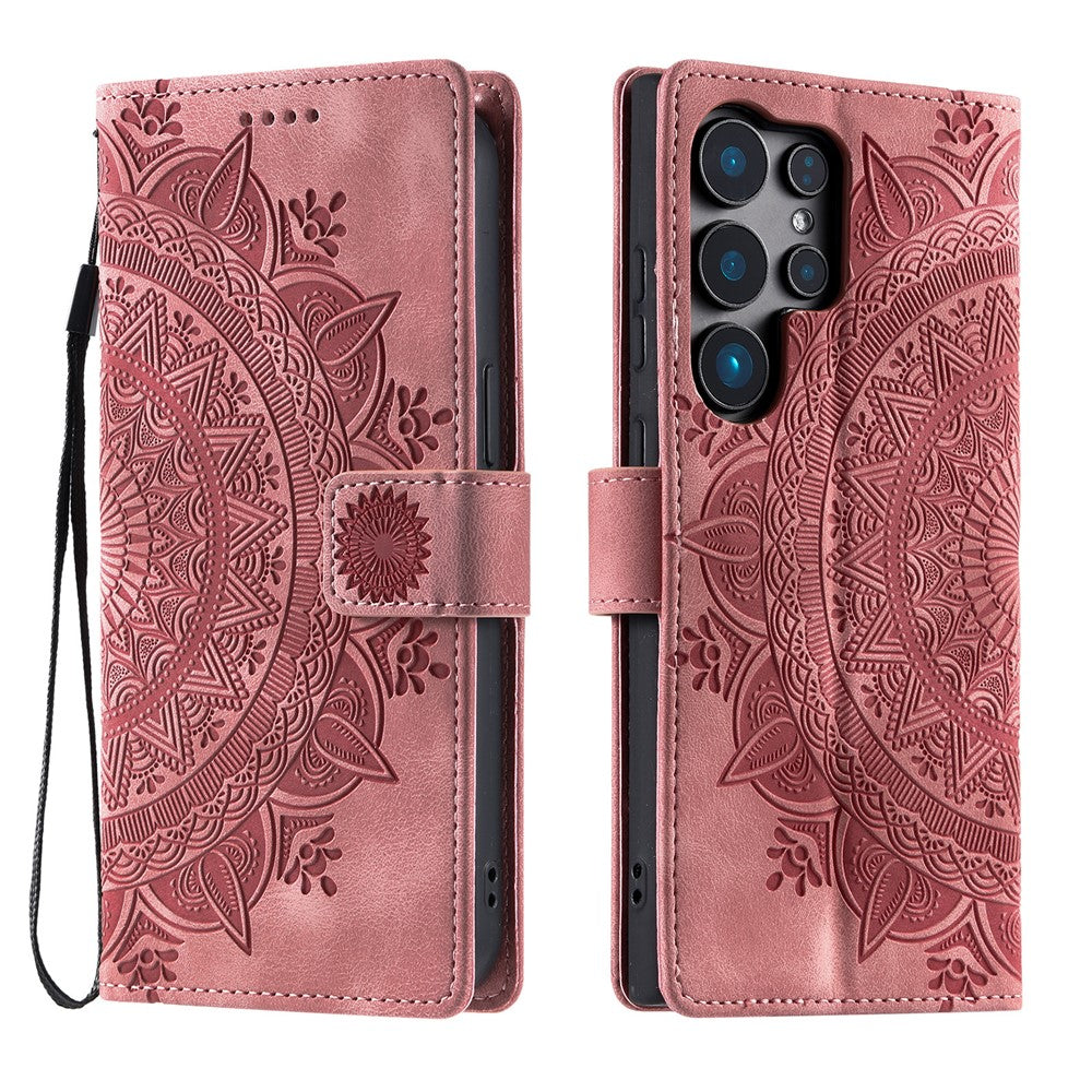 Étui portefeuille en cuir imprimé Totem Totem avec dragonne pour Samsung Galaxy S26 Ultra