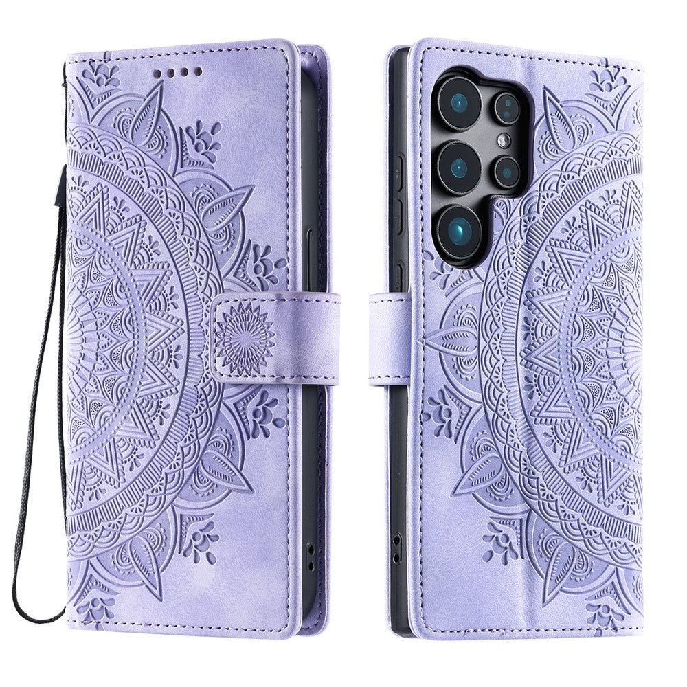 For Samsung Galaxy S26 Ultra Case Imprinted Totem Skin Feel Wallet Leather Phone Cover with Hand Strap