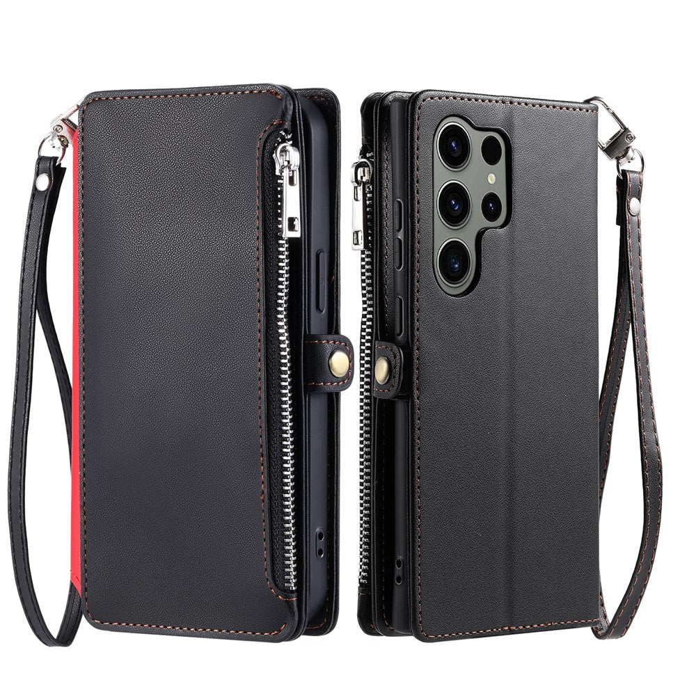 For Samsung Galaxy S26 Ultra Case TPU + PU Leather Wallet Phone Cover with Wrist Strap