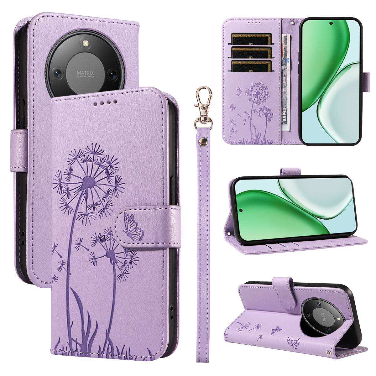 For Honor X9d 5G / Honor X70 5G Leather Wallet Case with Strap Dandelion Imprint Phone Stand Cover