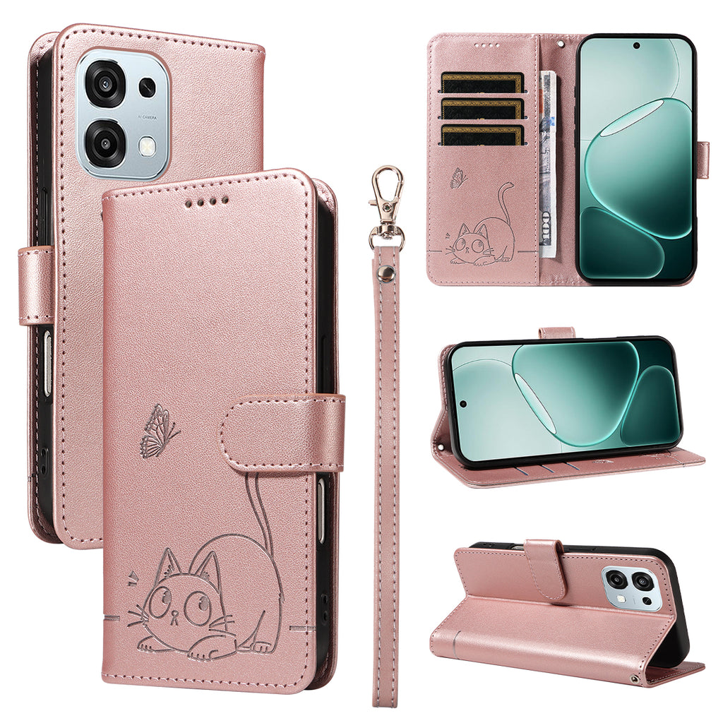 For Oppo A6 Pro 4G / Oppo F31 5G / Oppo A6 Pro 5G Case Cat Pattern Imprint Leather Phone Cover with Wrist Strap