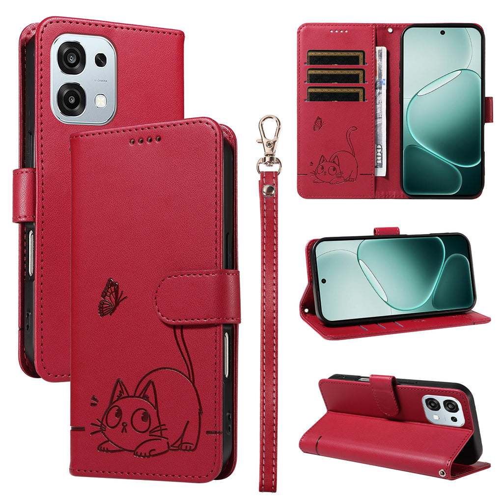 For Oppo A6 Pro 4G / Oppo F31 5G / Oppo A6 Pro 5G Case Cat Pattern Imprint Leather Phone Cover with Wrist Strap