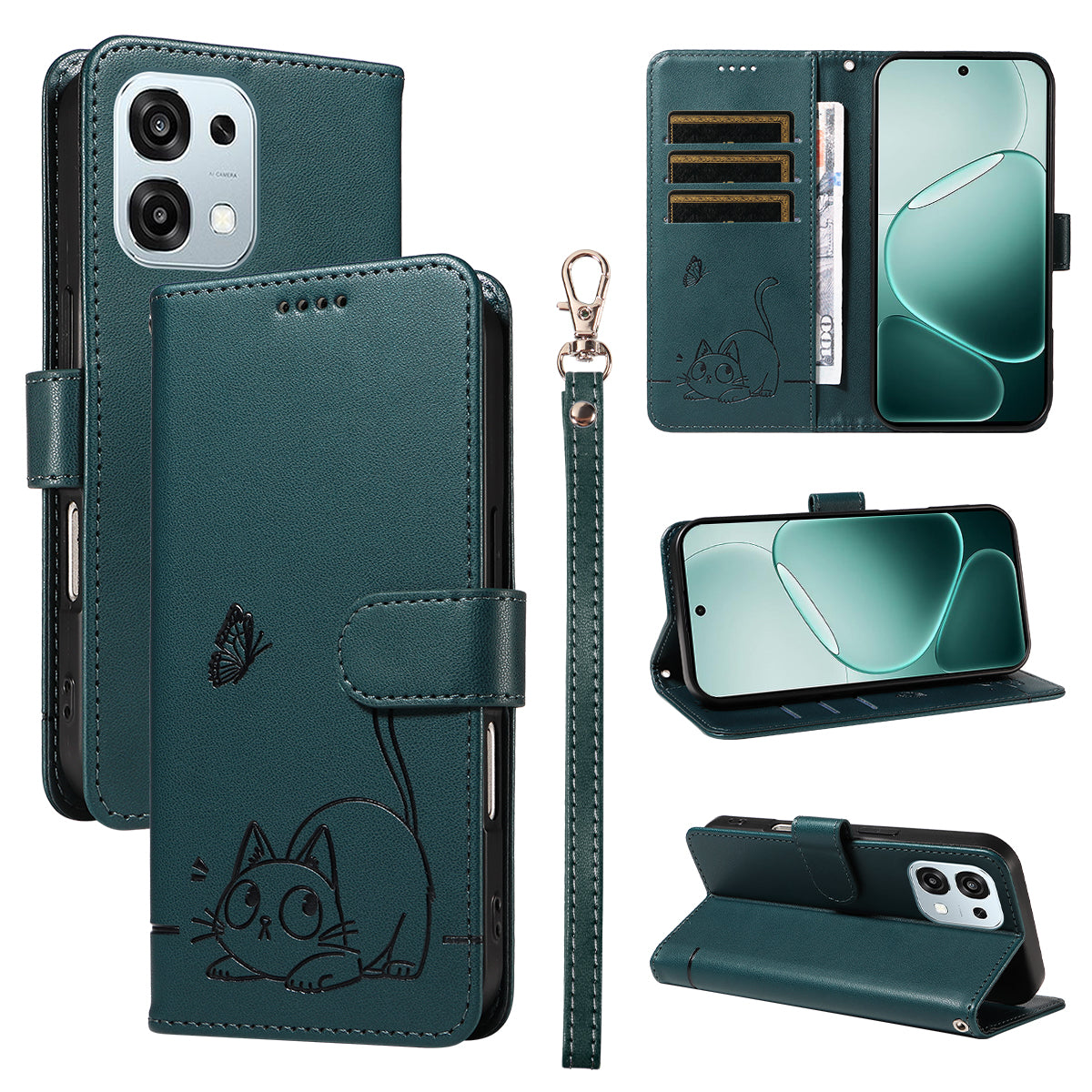 For Oppo A6 Pro 4G / Oppo F31 5G / Oppo A6 Pro 5G Case Cat Pattern Imprint Leather Phone Cover with Wrist Strap