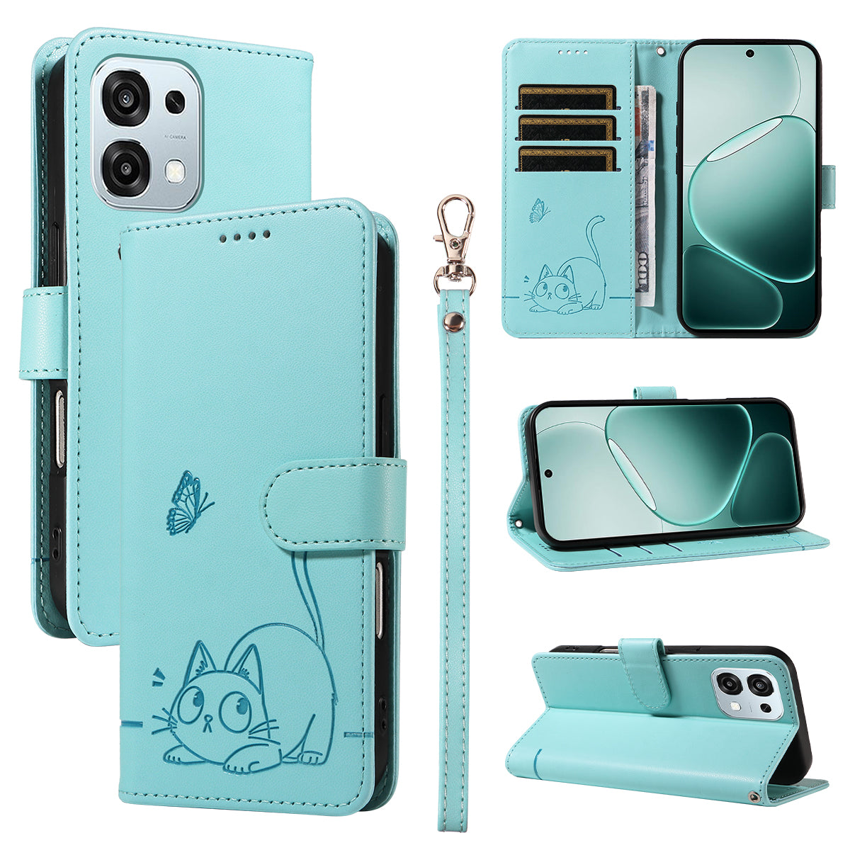 For Oppo A6 Pro 4G / Oppo F31 5G / Oppo A6 Pro 5G Case Cat Pattern Imprint Leather Phone Cover with Wrist Strap
