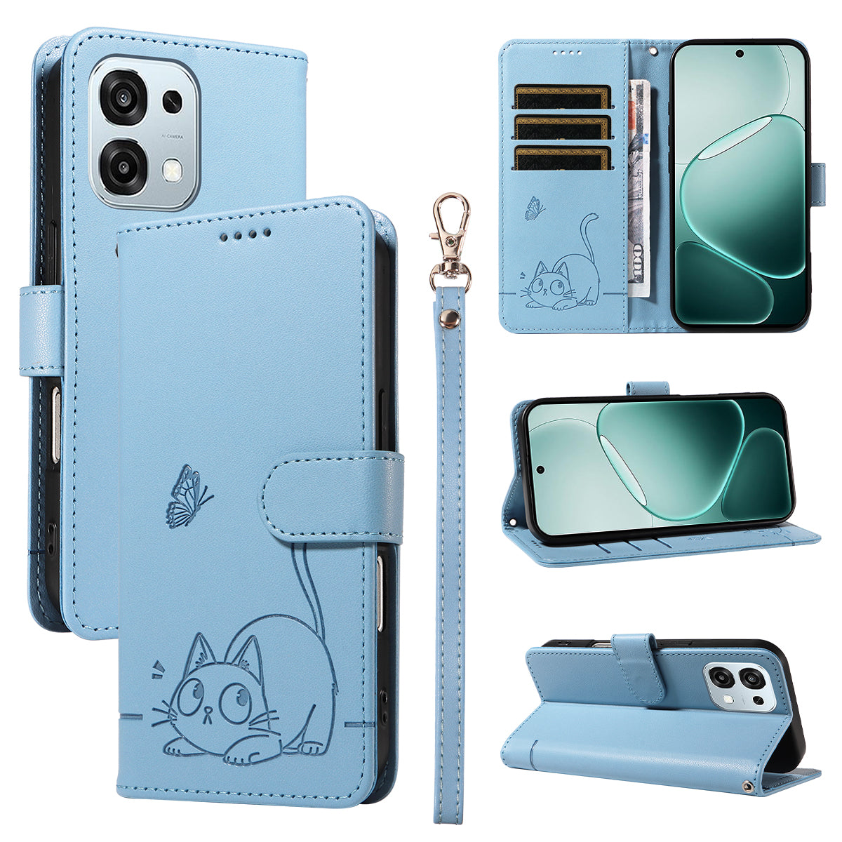 For Oppo A6 Pro 4G / Oppo F31 5G / Oppo A6 Pro 5G Case Cat Pattern Imprint Leather Phone Cover with Wrist Strap