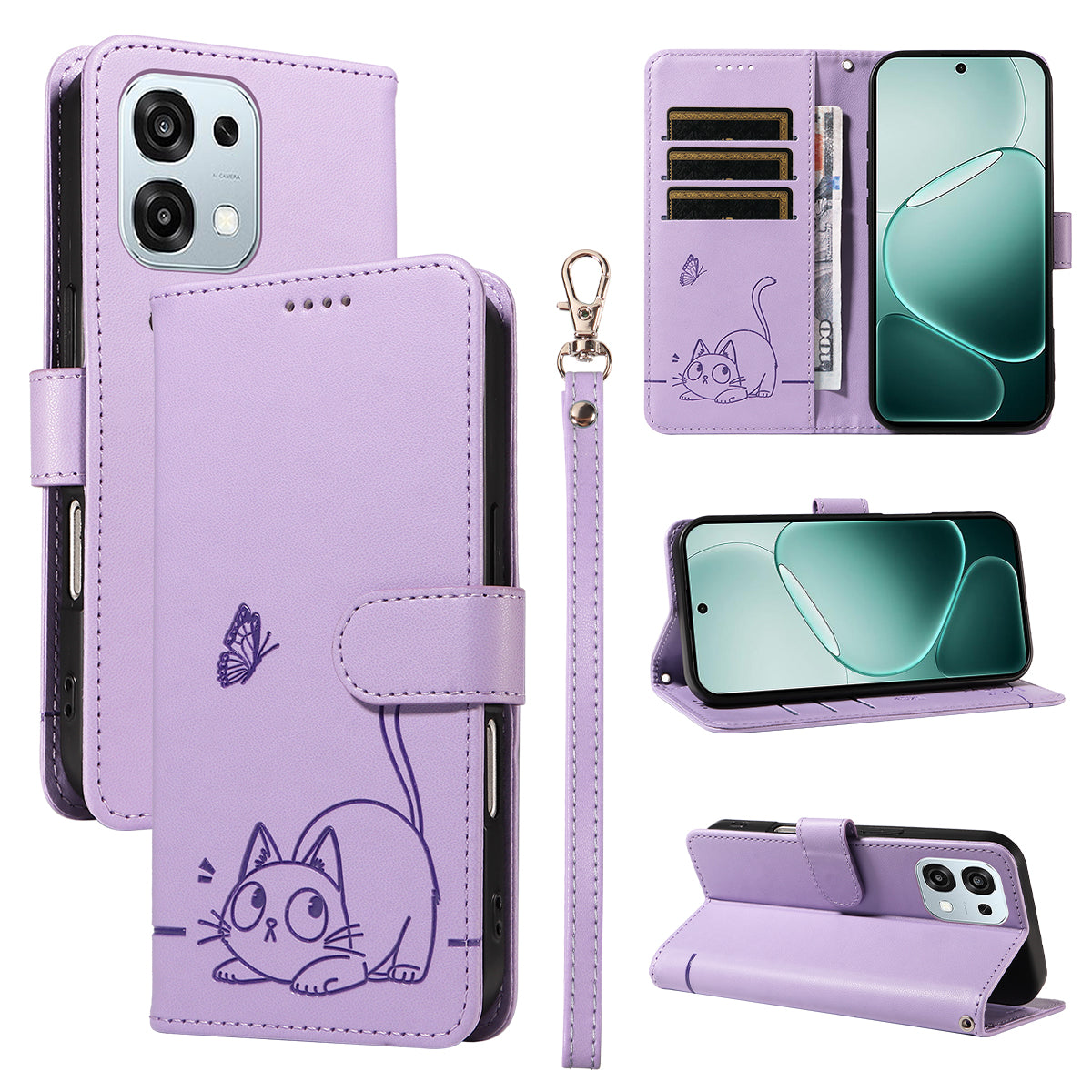 For Oppo A6 Pro 4G / Oppo F31 5G / Oppo A6 Pro 5G Case Cat Pattern Imprint Leather Phone Cover with Wrist Strap