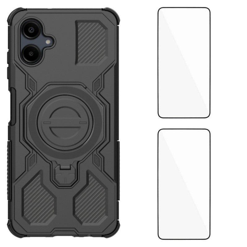 For Samsung Galaxy A06 4G Case Kickstand with 2Pcs Screen Film WANLONFENG KJ Series PC TPU Phone Cover (Big Lens Hole)