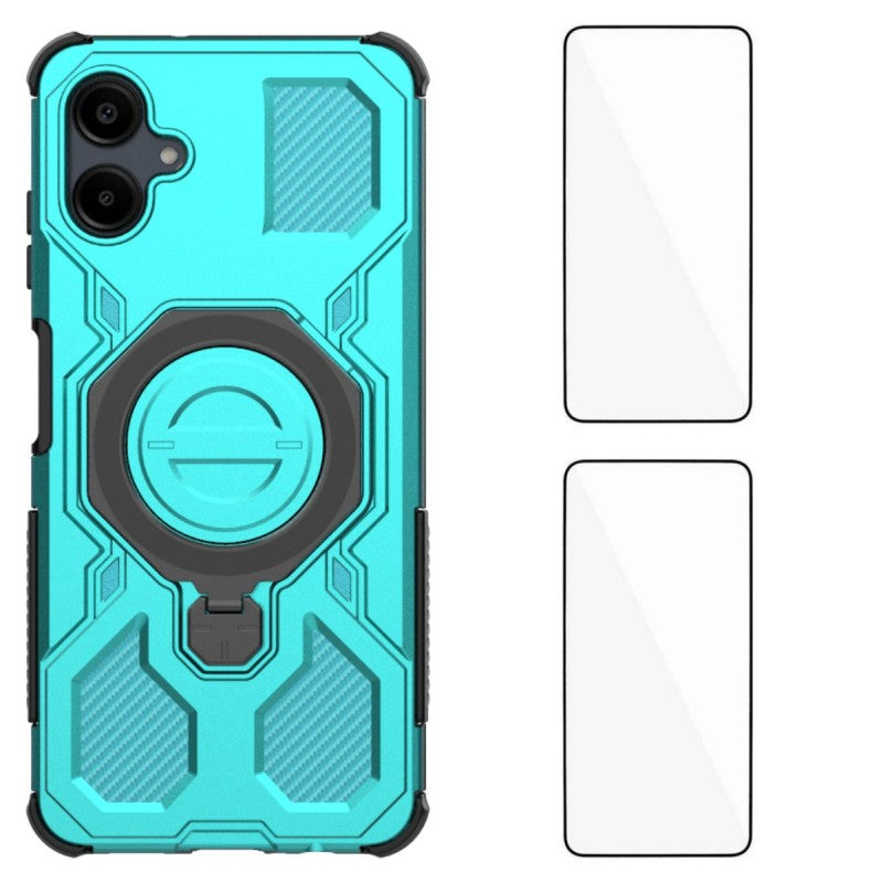 For Samsung Galaxy A06 4G Case Kickstand with 2Pcs Screen Film WANLONFENG KJ Series PC TPU Phone Cover (Big Lens Hole)