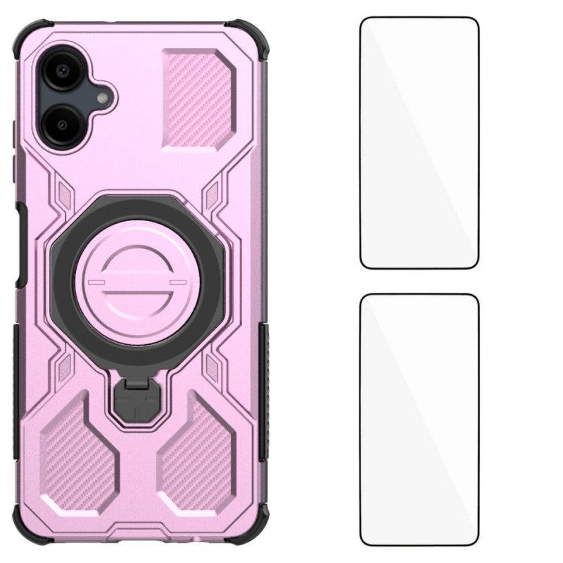 For Samsung Galaxy A06 4G Case Kickstand with 2Pcs Screen Film WANLONFENG KJ Series PC TPU Phone Cover (Big Lens Hole)