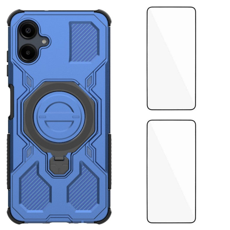 For Samsung Galaxy A06 4G Case Kickstand with 2Pcs Screen Film WANLONFENG KJ Series PC TPU Phone Cover (Big Lens Hole)