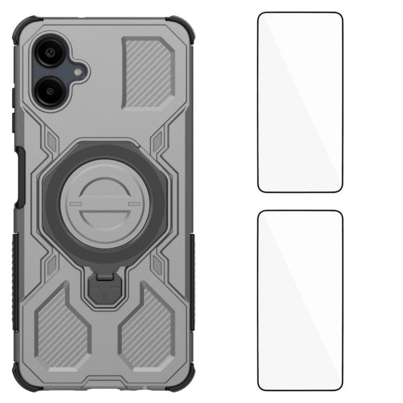 For Samsung Galaxy A06 4G Case Kickstand with 2Pcs Screen Film WANLONFENG KJ Series PC TPU Phone Cover (Big Lens Hole)