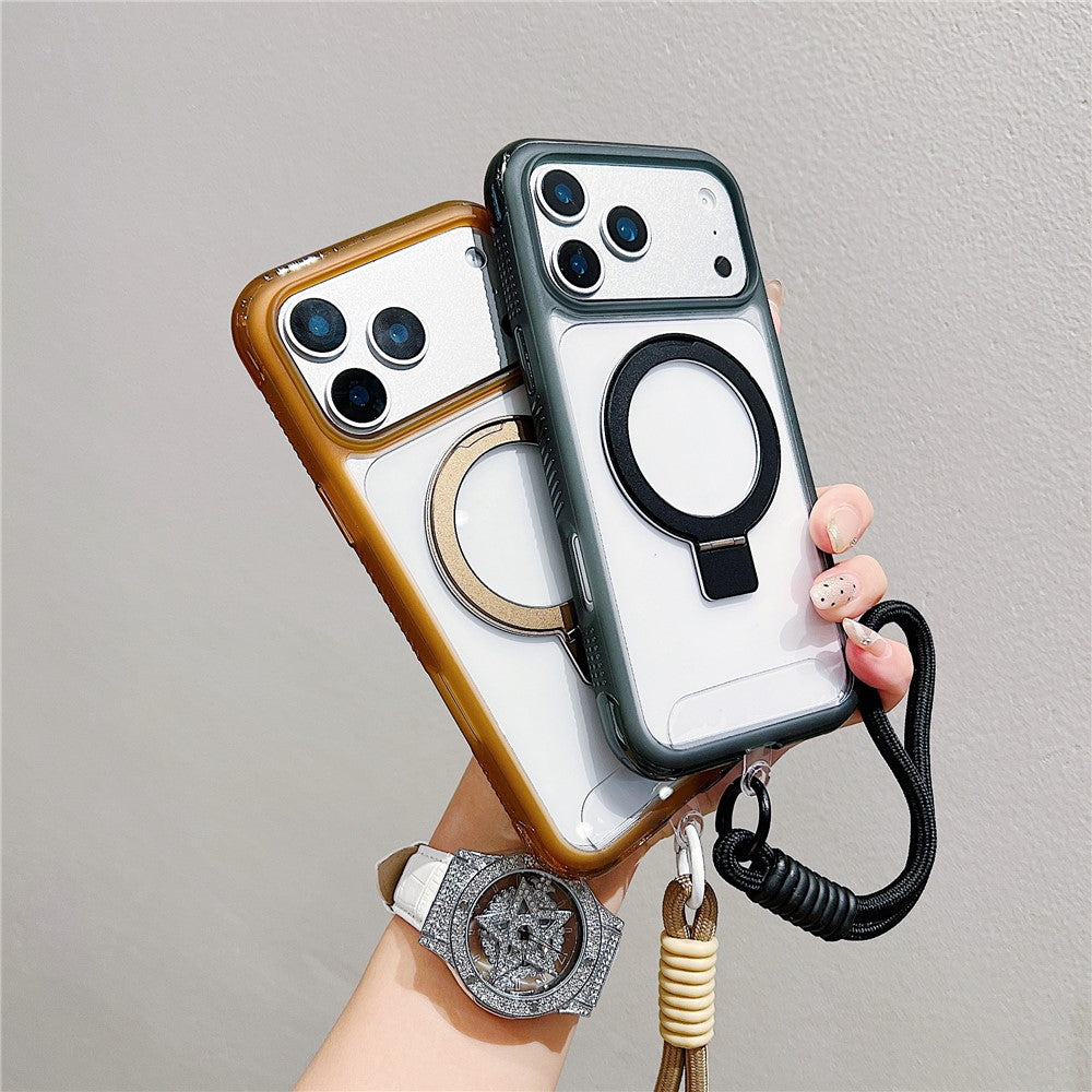 Coque pour iPhone 17 Pro compatible avec MagSafe, support intégré, coque arrière transparente en TPU et PC avec dragonne