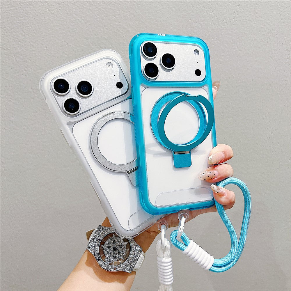 Coque pour iPhone 17 Pro compatible avec MagSafe, support intégré, coque arrière transparente en TPU et PC avec dragonne