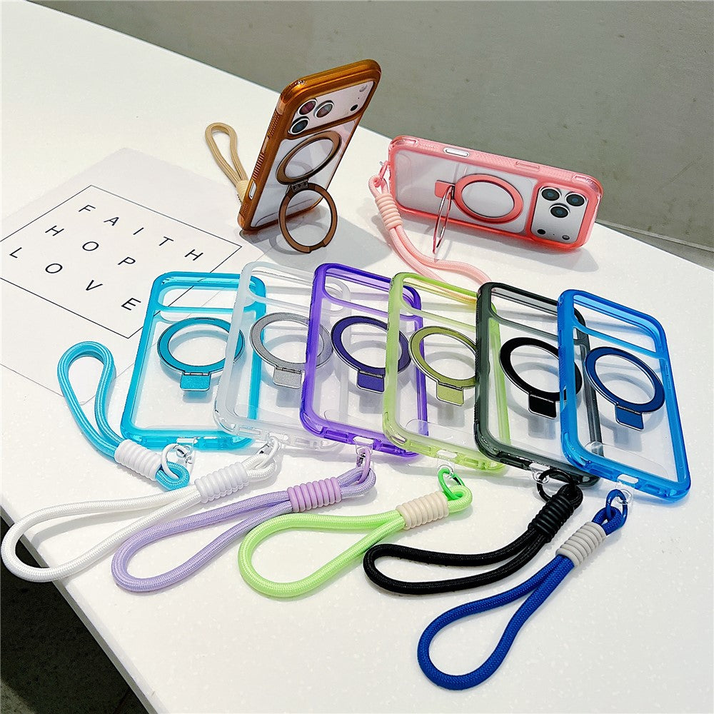 Coque pour iPhone 17 Pro compatible avec MagSafe, support intégré, coque arrière transparente en TPU et PC avec dragonne