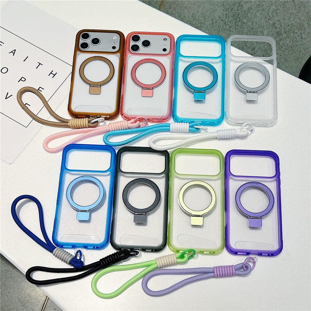 Coque pour iPhone 17 Pro compatible avec MagSafe, support intégré, coque arrière transparente en TPU et PC avec dragonne