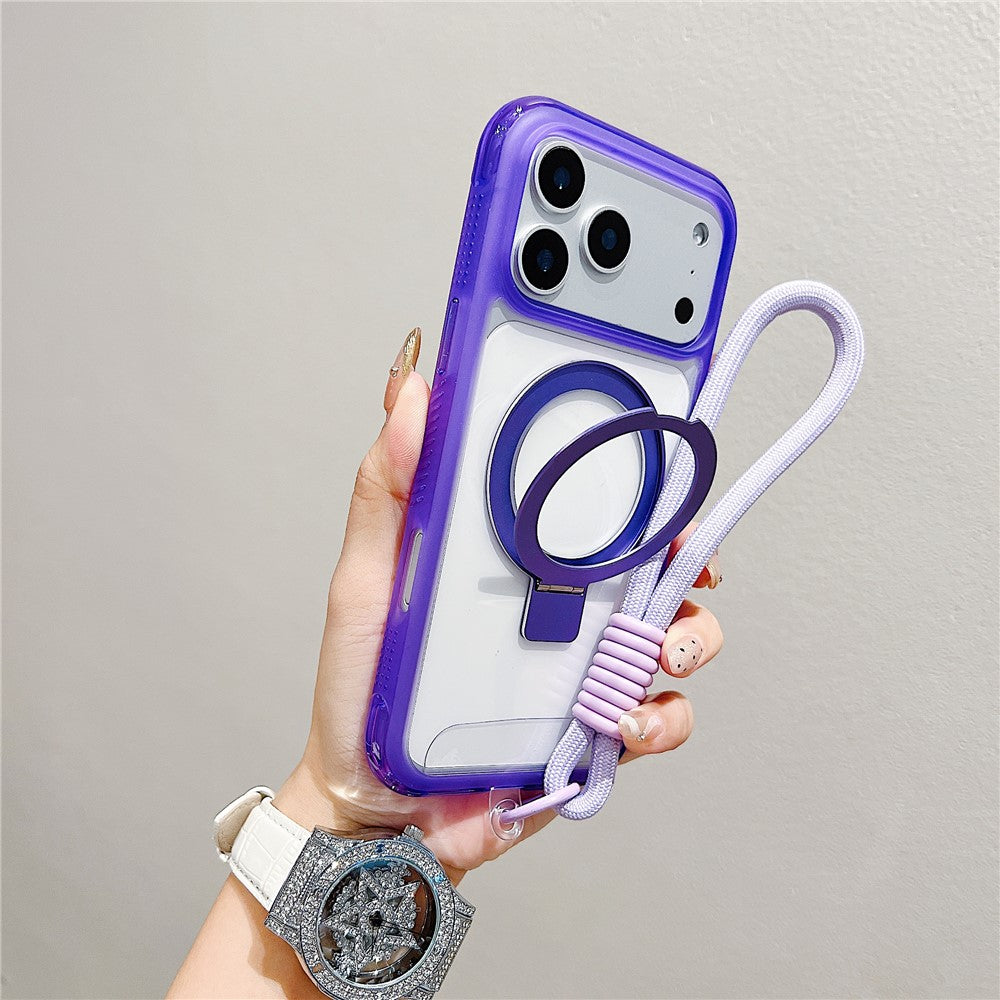 Coque pour iPhone 17 Pro compatible avec MagSafe, support intégré, coque arrière transparente en TPU et PC avec dragonne