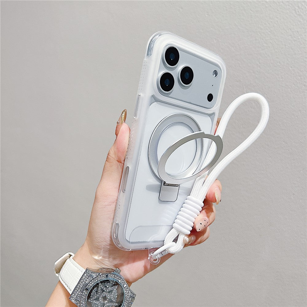 Coque pour iPhone 17 Pro compatible avec MagSafe, support intégré, coque arrière transparente en TPU et PC avec dragonne