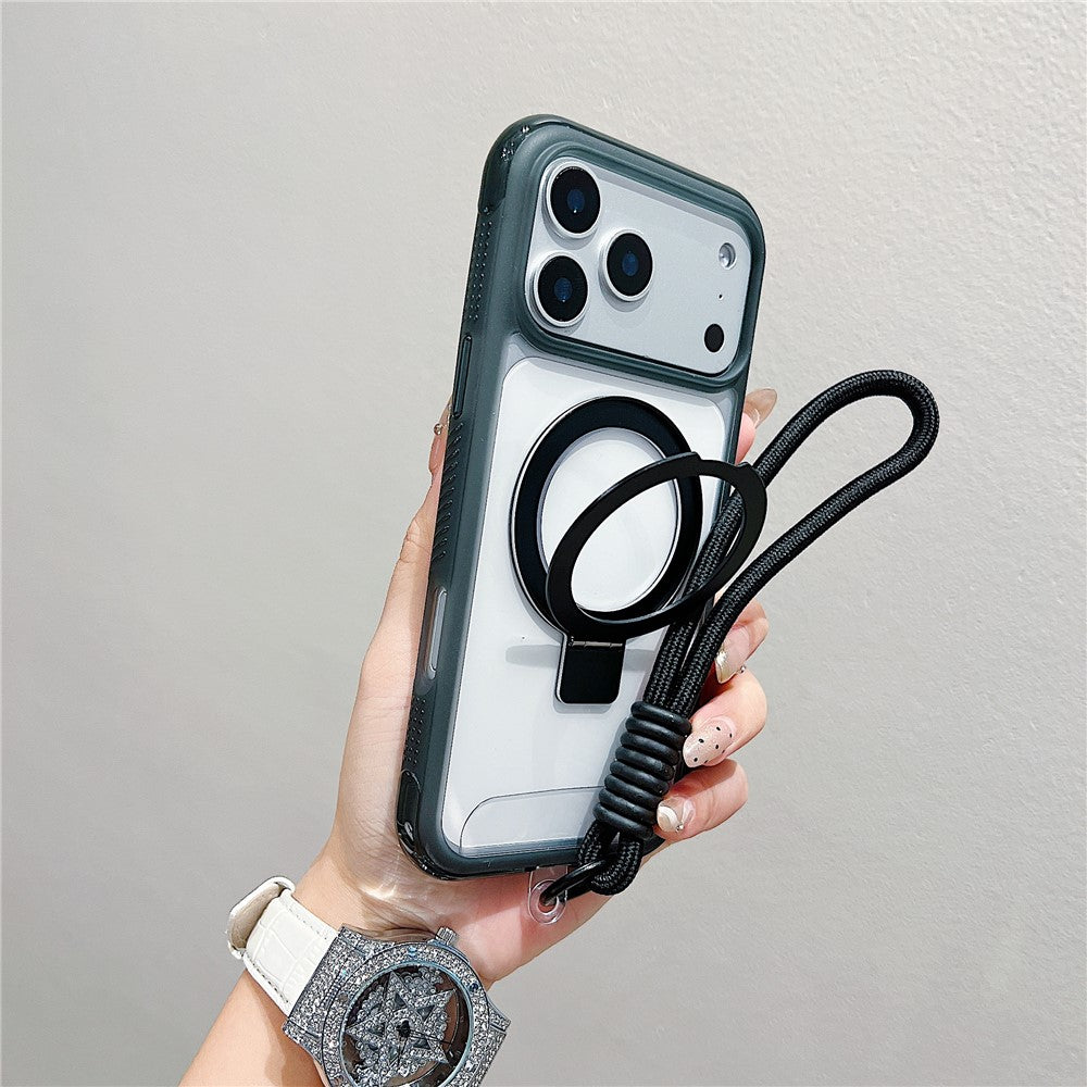 Coque pour iPhone 17 Pro compatible avec MagSafe, support intégré, coque arrière transparente en TPU et PC avec dragonne