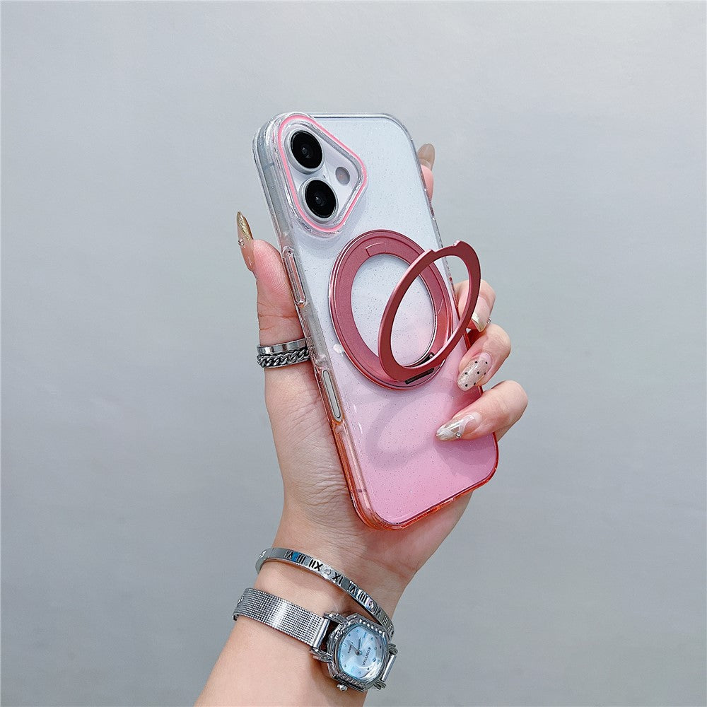 Coque magnétique pour iPhone 17 avec anneau rotatif à 360° et support intégré, en TPU transparent dégradé, pour une protection arrière optimale.