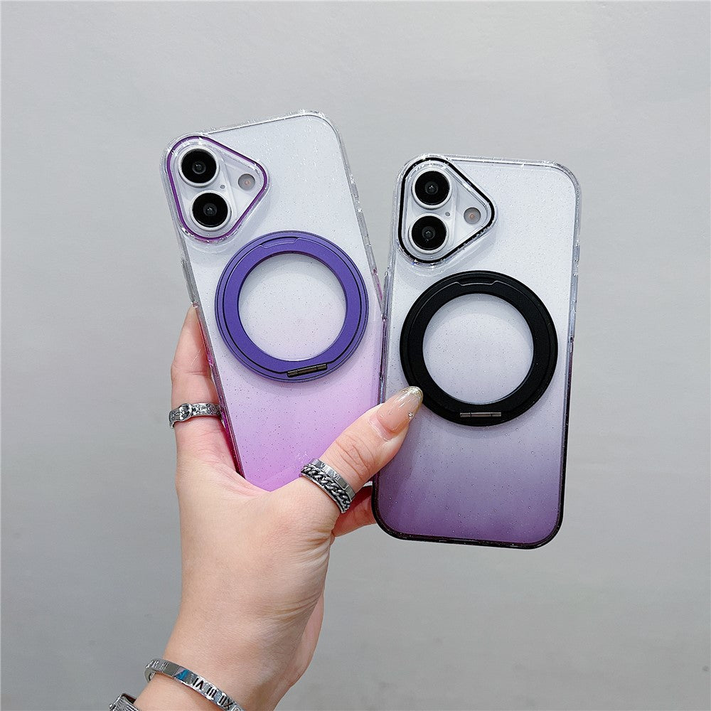 Coque magnétique pour iPhone 17 avec anneau rotatif à 360° et support intégré, en TPU transparent dégradé, pour une protection arrière optimale.