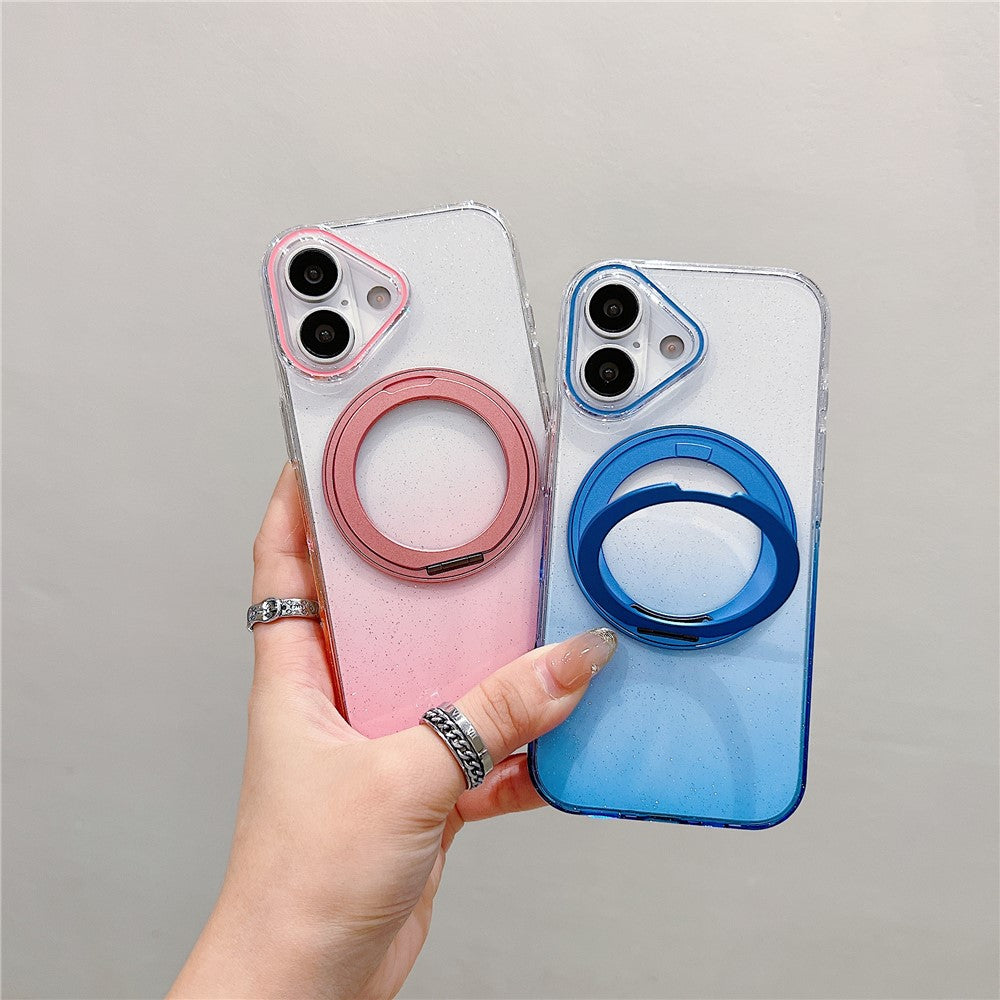Coque magnétique pour iPhone 17 avec anneau rotatif à 360° et support intégré, en TPU transparent dégradé, pour une protection arrière optimale.
