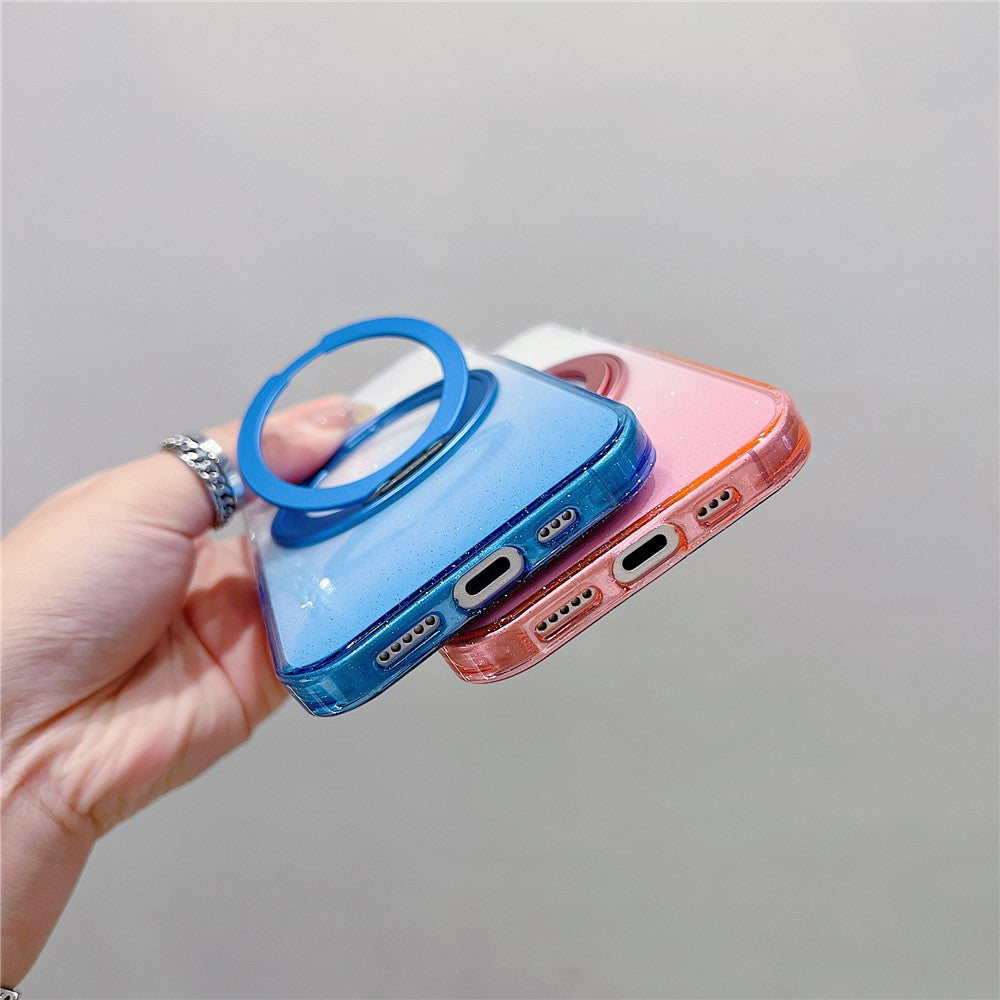 Coque magnétique pour iPhone 17 avec anneau rotatif à 360° et support intégré, en TPU transparent dégradé, pour une protection arrière optimale.