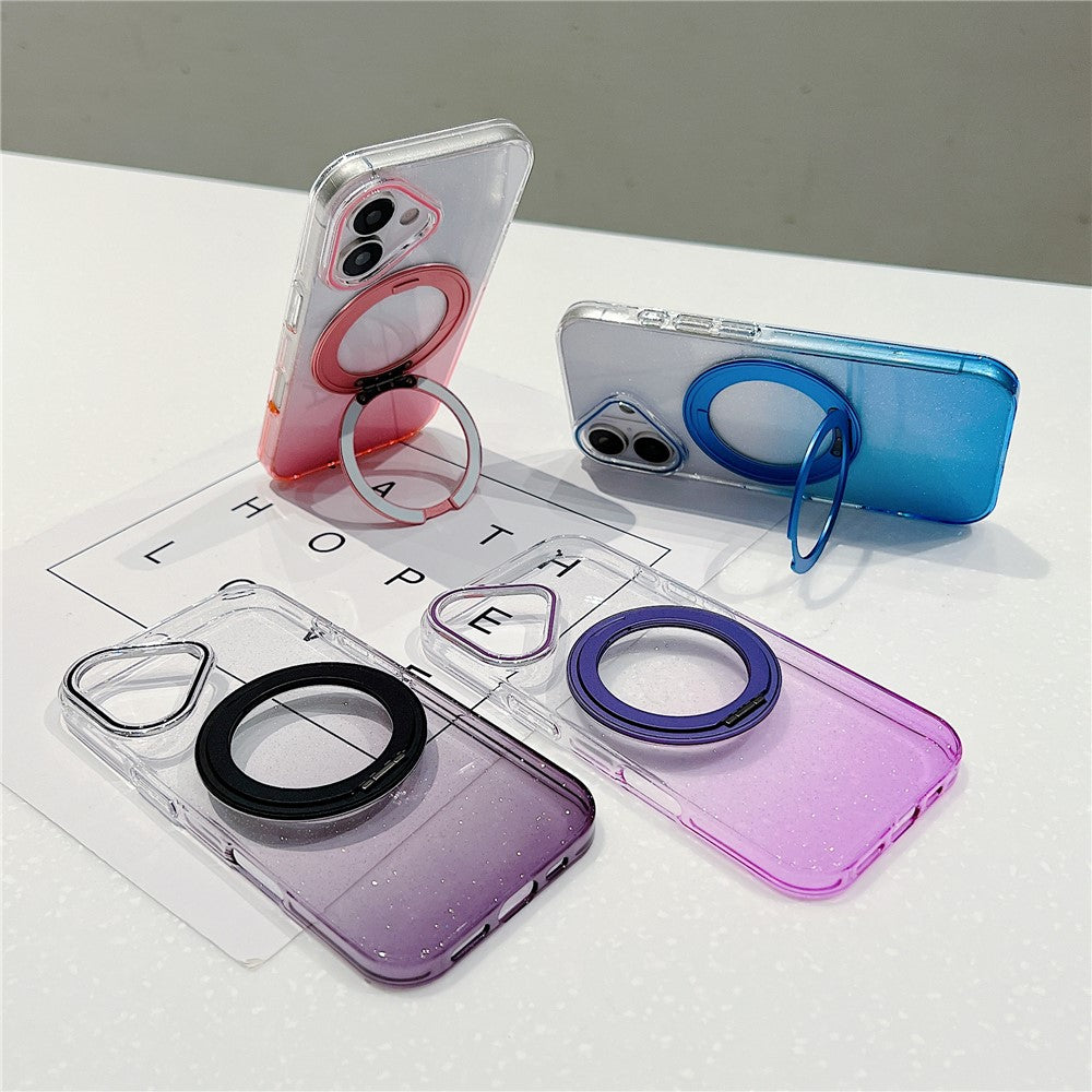 Coque magnétique pour iPhone 17 avec anneau rotatif à 360° et support intégré, en TPU transparent dégradé, pour une protection arrière optimale.