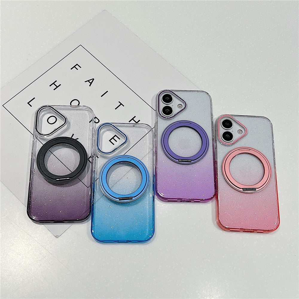Coque magnétique pour iPhone 17 avec anneau rotatif à 360° et support intégré, en TPU transparent dégradé, pour une protection arrière optimale.