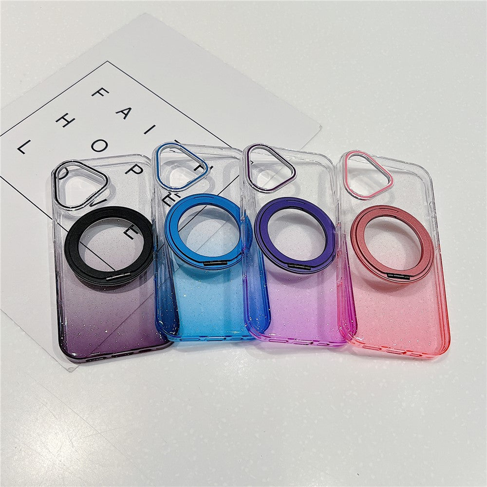 Coque magnétique pour iPhone 17 avec anneau rotatif à 360° et support intégré, en TPU transparent dégradé, pour une protection arrière optimale.