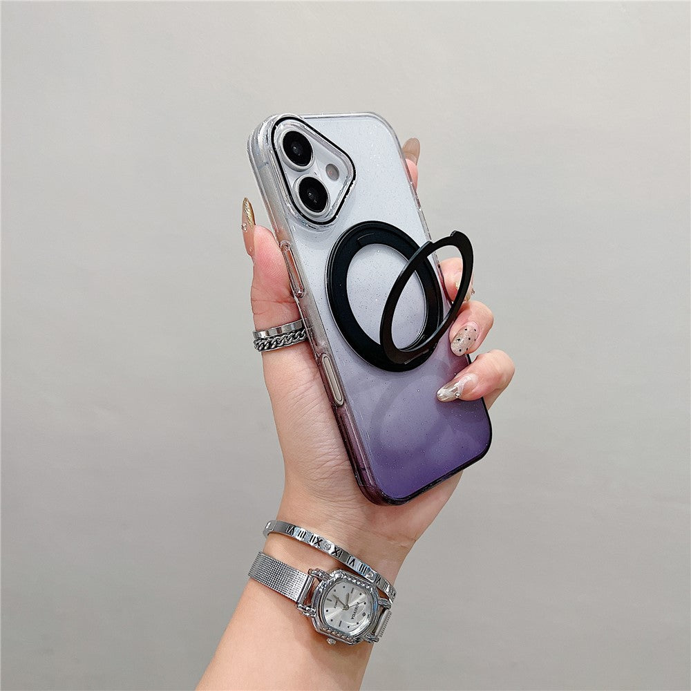 Coque magnétique pour iPhone 17 avec anneau rotatif à 360° et support intégré, en TPU transparent dégradé, pour une protection arrière optimale.
