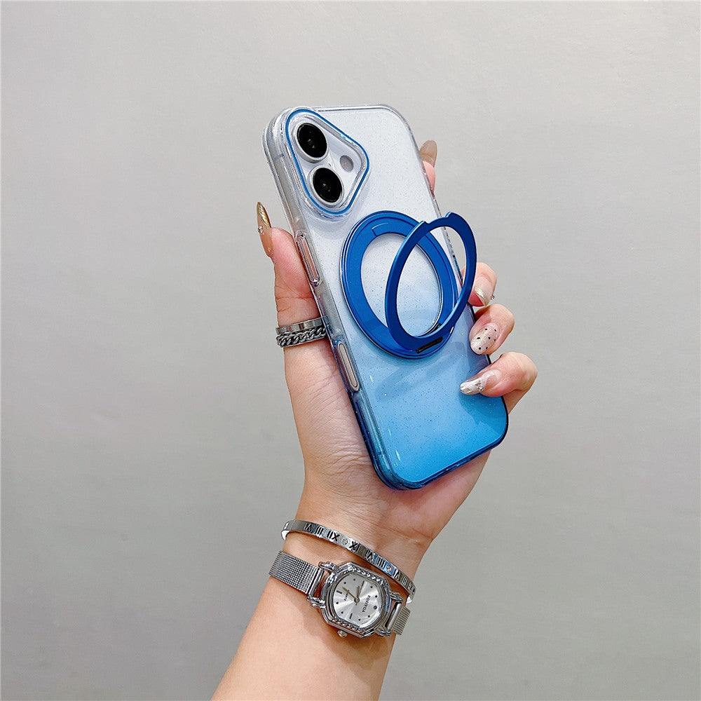 Coque magnétique pour iPhone 17 avec anneau rotatif à 360° et support intégré, en TPU transparent dégradé, pour une protection arrière optimale.