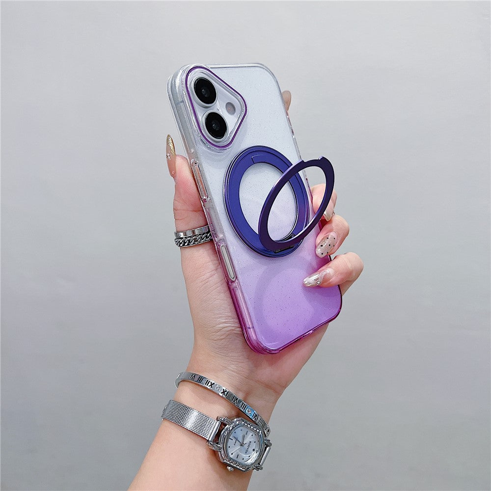 Coque magnétique pour iPhone 17 avec anneau rotatif à 360° et support intégré, en TPU transparent dégradé, pour une protection arrière optimale.