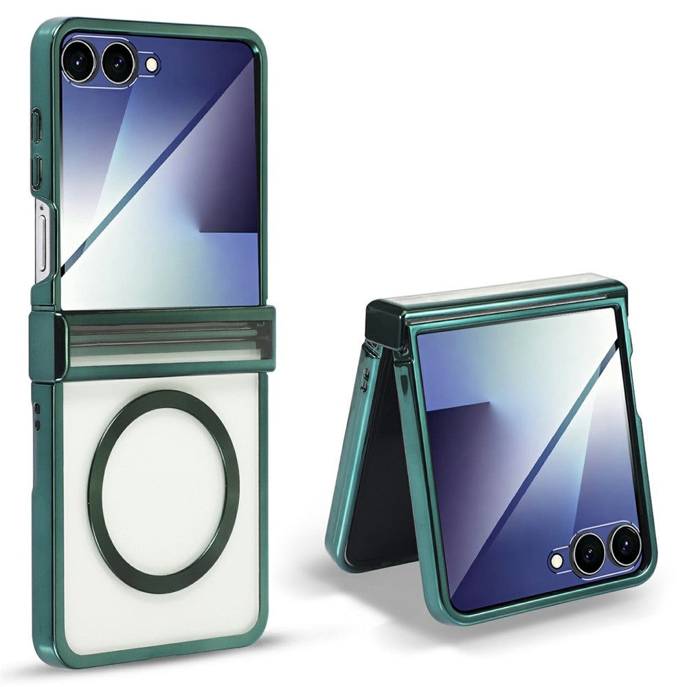 For Samsung Galaxy Z Flip7 5G Magnetic Case Electroplating CD Vein PC Phone Cover with Tempered Glass Screen Film