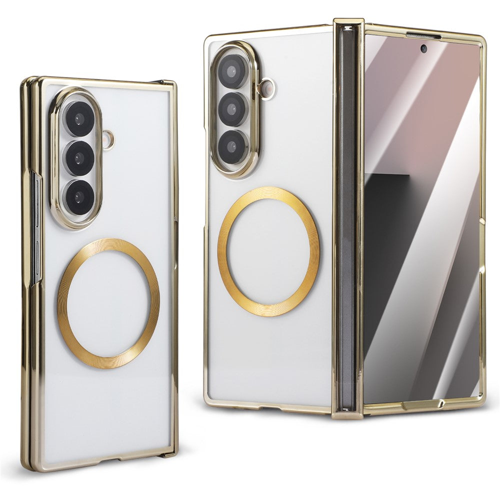 Funda magnética para Samsung Galaxy Z Fold7 5G con acabado cromado y diseño de veta de CD, incluye protector de pantalla de cristal templado.