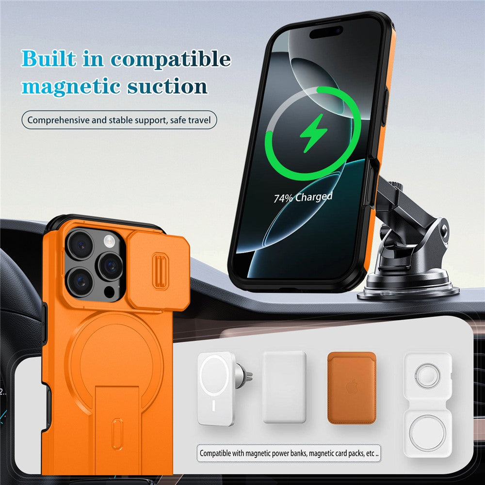 For iPhone 16 Pro Case Kickstand Camera Slider PC + TPU Phone Cover Compatible with MagSafe