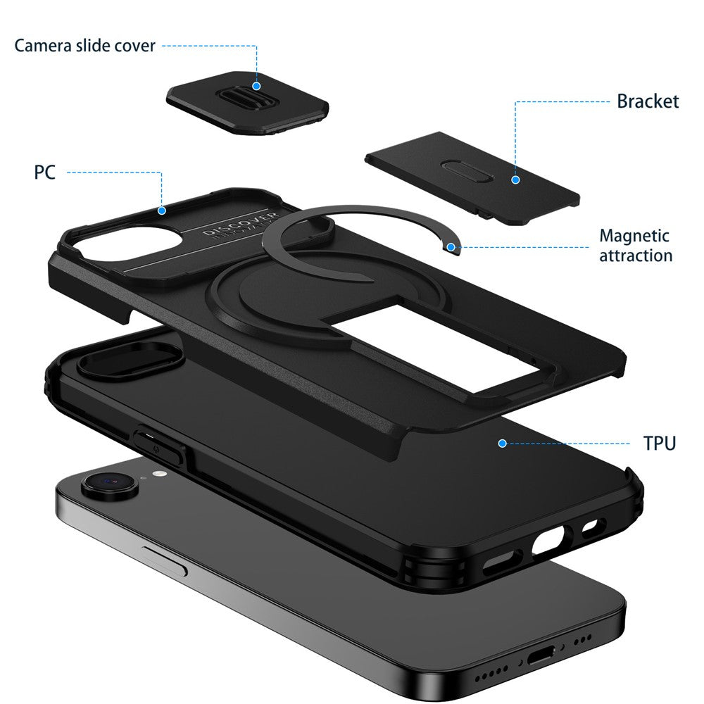 For iPhone 16e Case Kickstand Camera Slider PC + TPU Phone Cover Compatible with MagSafe