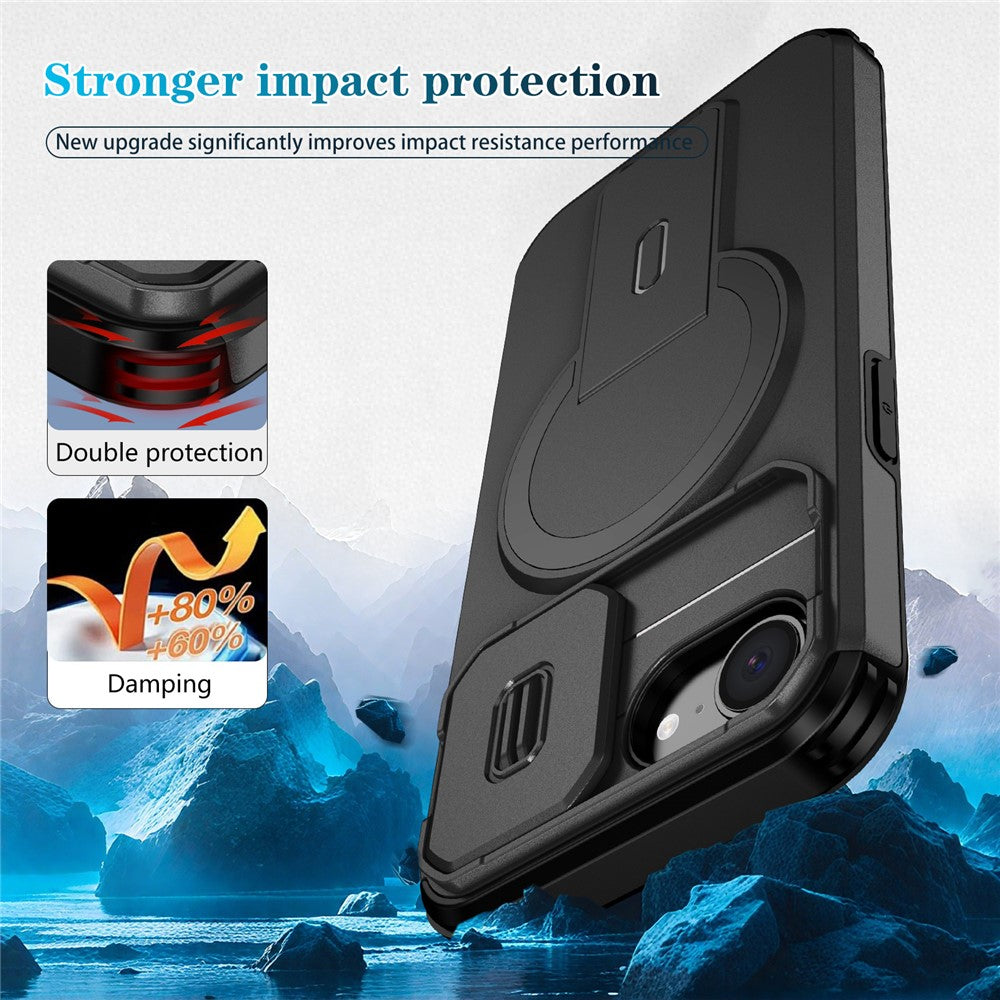 For iPhone 16e Case Kickstand Camera Slider PC + TPU Phone Cover Compatible with MagSafe