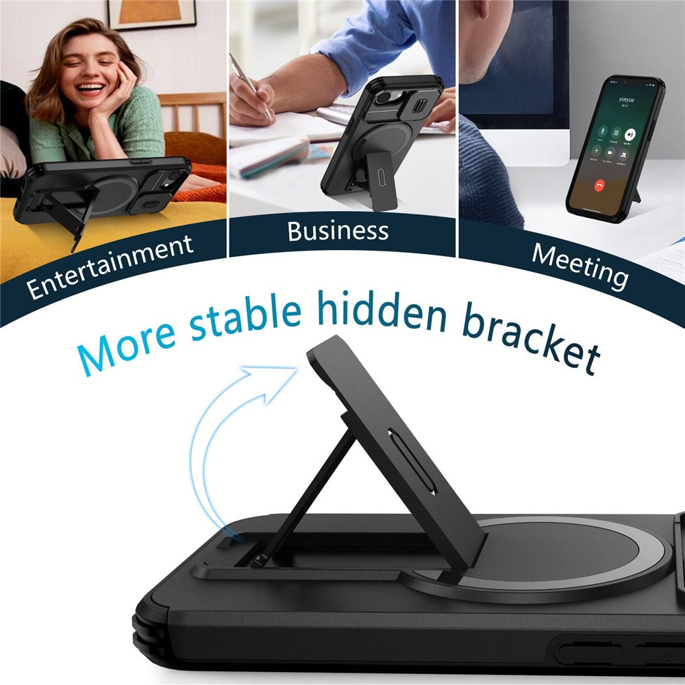 For iPhone 16e Case Kickstand Camera Slider PC + TPU Phone Cover Compatible with MagSafe