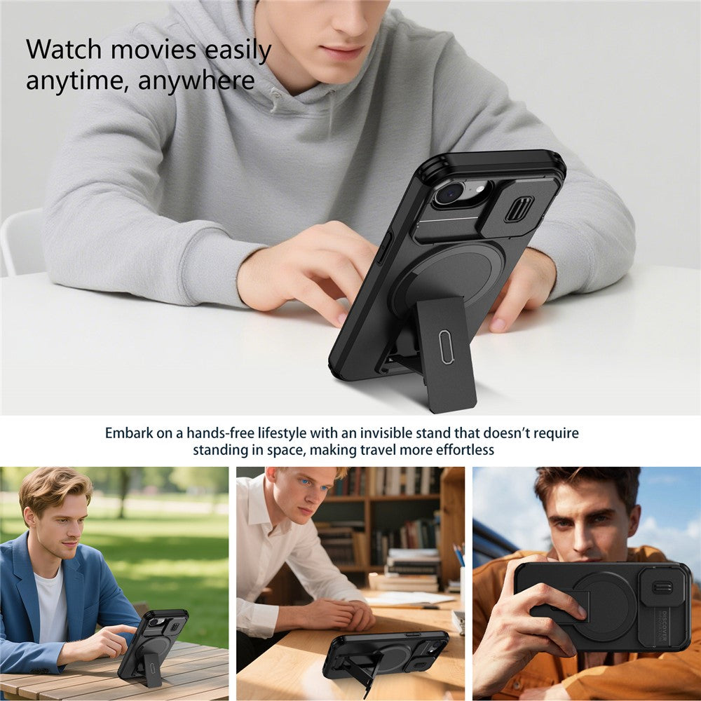 For iPhone 16e Case Kickstand Camera Slider PC + TPU Phone Cover Compatible with MagSafe