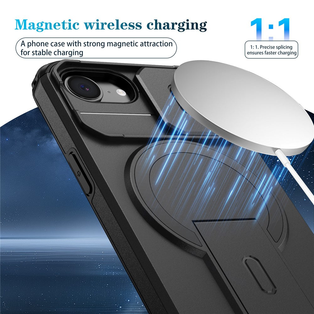 For iPhone 16e Case Kickstand Camera Slider PC + TPU Phone Cover Compatible with MagSafe