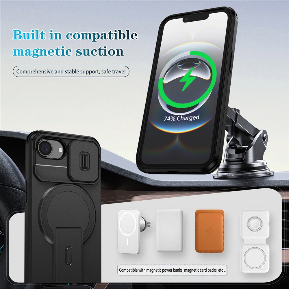 For iPhone 16e Case Kickstand Camera Slider PC + TPU Phone Cover Compatible with MagSafe
