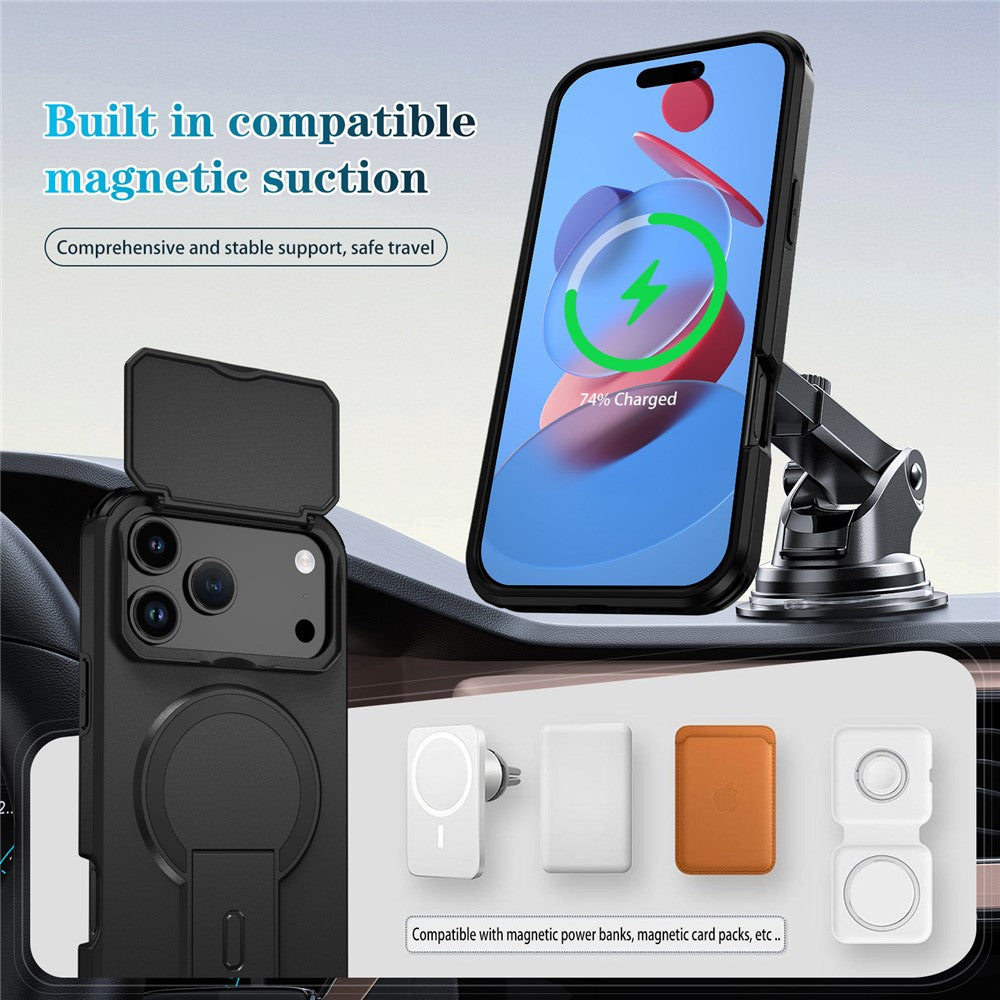 Coque pour iPhone 17 Pro avec support intégré, glissière pour appareil photo, en PC et TPU, compatible MagSafe