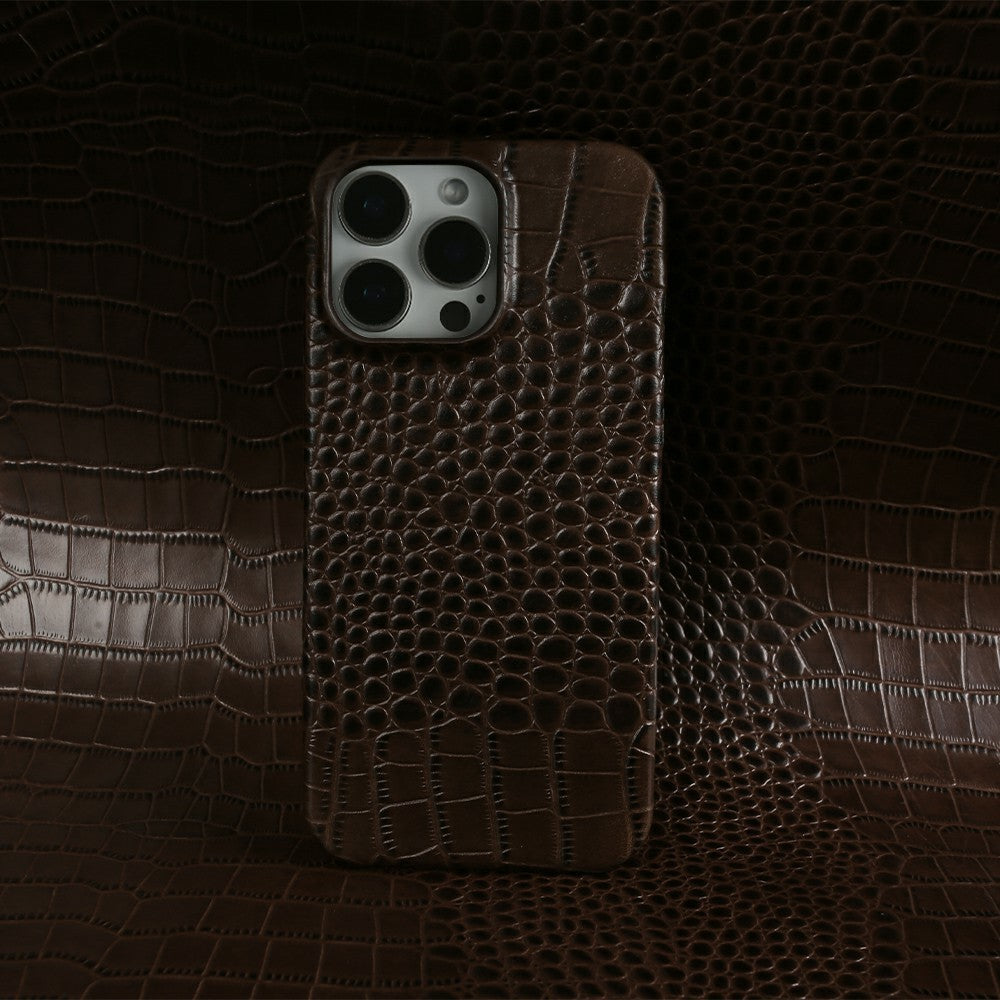 For iPhone 16 Pro Max Case Crocodile Texture Genuine Cow Leather Coated PC Phone Cover Compatible with MagSafe