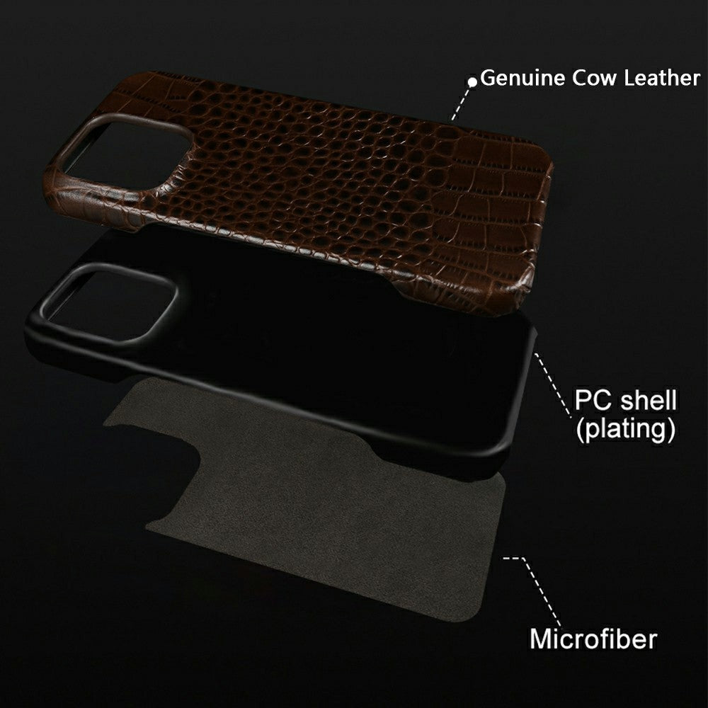 For iPhone 16 Pro Max Case Crocodile Texture Genuine Cow Leather Coated PC Phone Cover Compatible with MagSafe