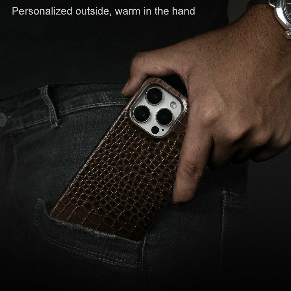 For iPhone 16 Pro Max Case Crocodile Texture Genuine Cow Leather Coated PC Phone Cover Compatible with MagSafe